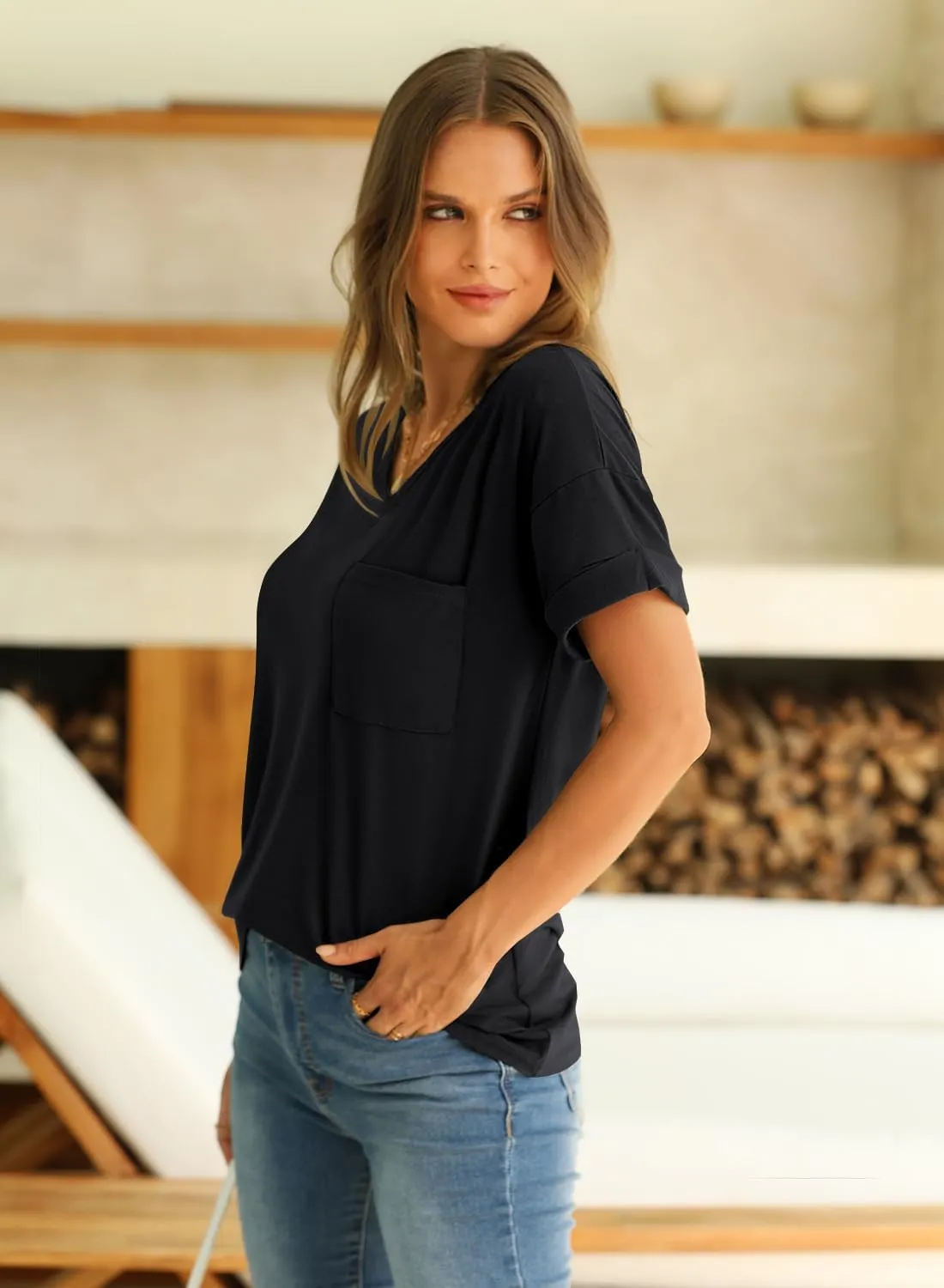 MIHOLL Women's Short Sleeve V-Neck Shirts Loose Casual Tee T-Shirt
