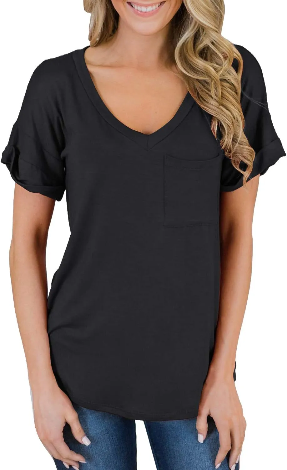 MIHOLL Women's Short Sleeve V-Neck Shirts Loose Casual Tee T-Shirt