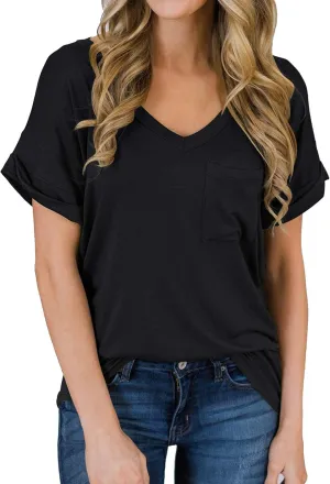 MIHOLL Women's Short Sleeve V-Neck Shirts Loose Casual Tee T-Shirt