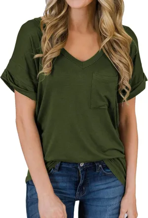 MIHOLL Women's Short Sleeve V-Neck Shirts Loose Casual Tee T-Shirt