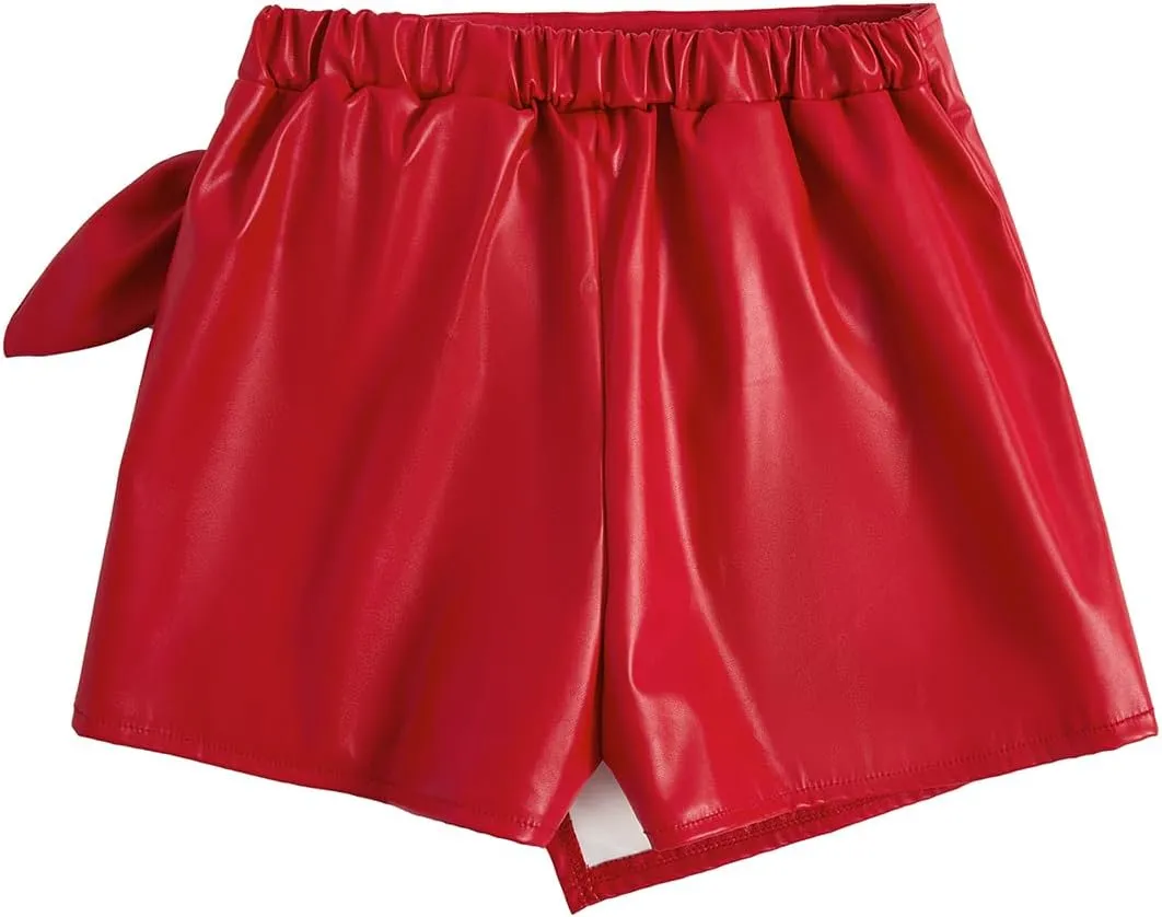 Milumia Girl's PU Leather Wrap Knot Side Skorts Casual Ruched Elastic Waist Shorts