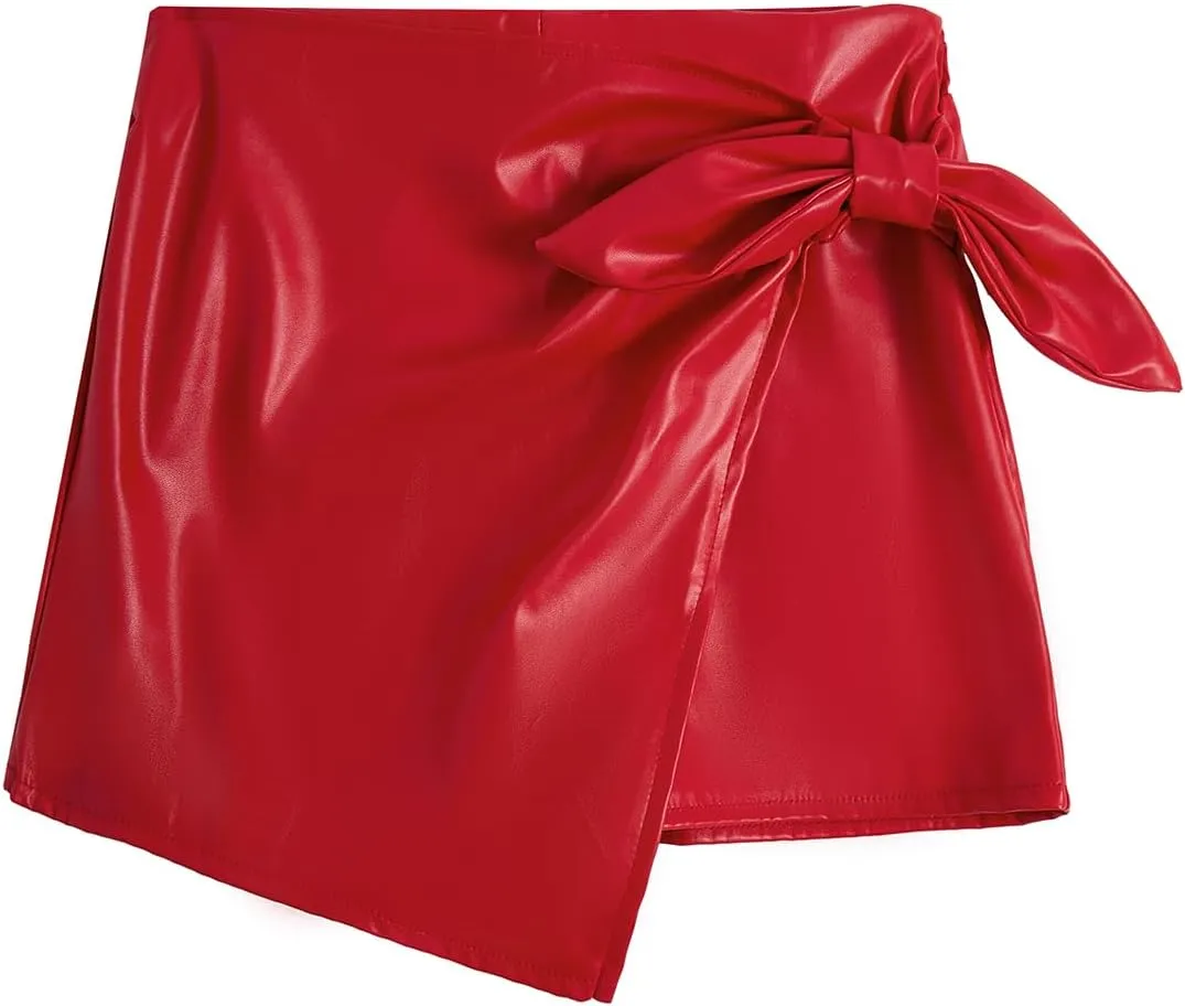 Milumia Girl's PU Leather Wrap Knot Side Skorts Casual Ruched Elastic Waist Shorts