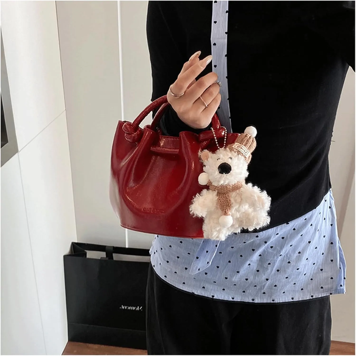 Mini Bucket Bag Leather Bucket Purse Vintage Purse Bag with Plush Bear Charm Crossbody Shoulder Handbag