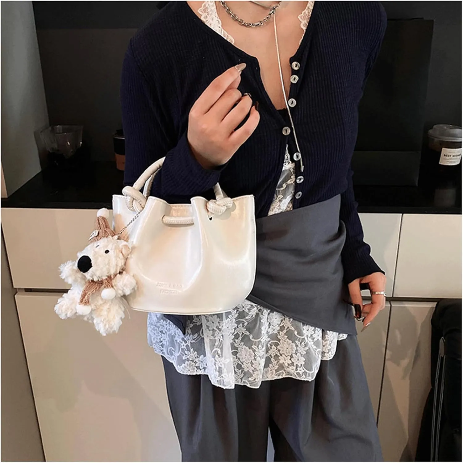 Mini Bucket Bag Leather Bucket Purse Vintage Purse Bag with Plush Bear Charm Crossbody Shoulder Handbag