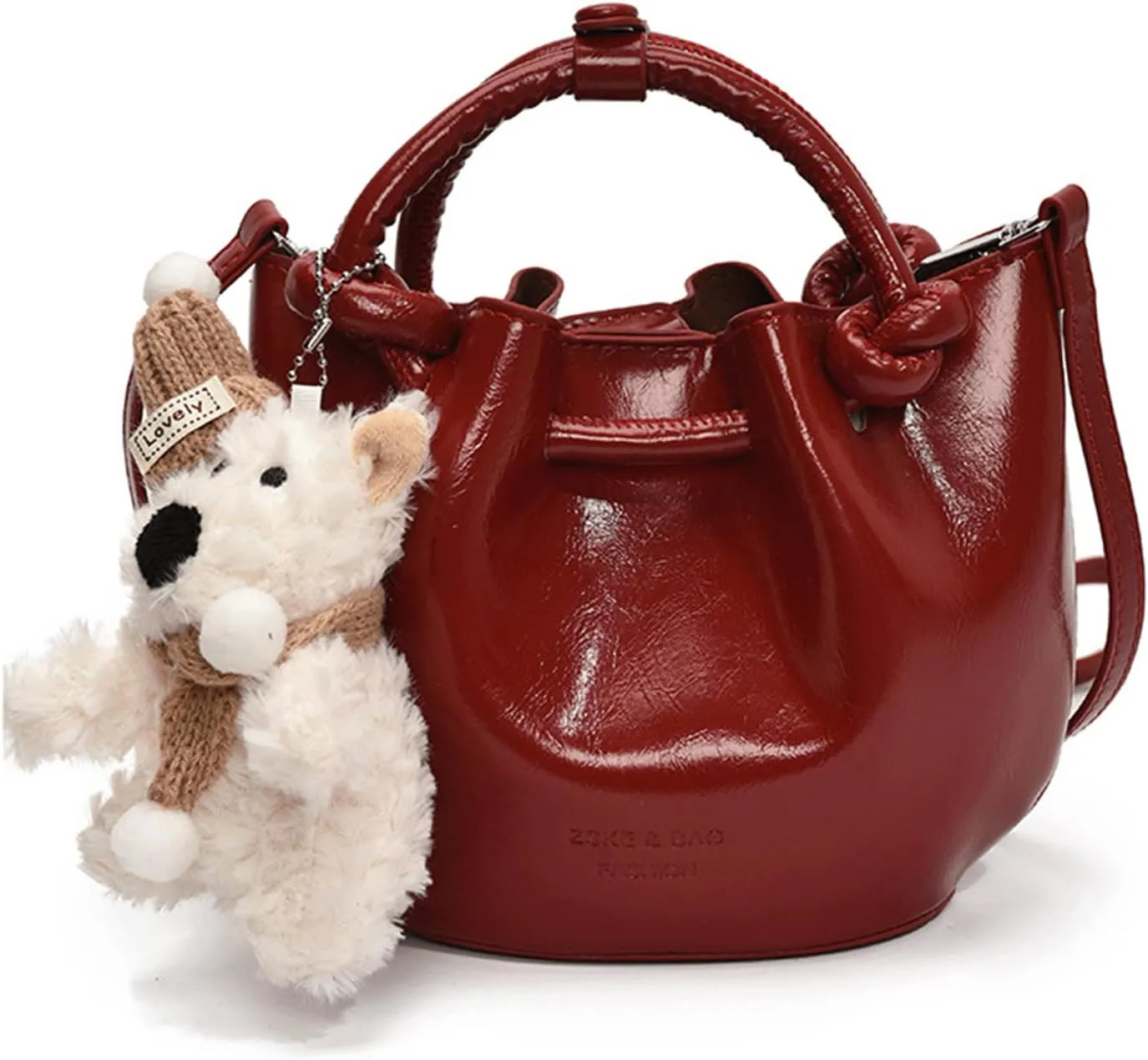 Mini Bucket Bag Leather Bucket Purse Vintage Purse Bag with Plush Bear Charm Crossbody Shoulder Handbag