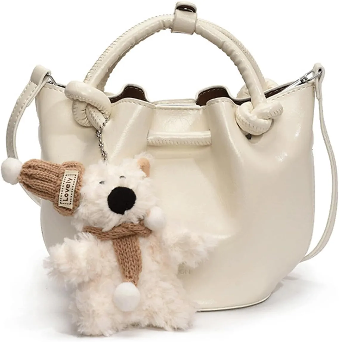Mini Bucket Bag Leather Bucket Purse Vintage Purse Bag with Plush Bear Charm Crossbody Shoulder Handbag