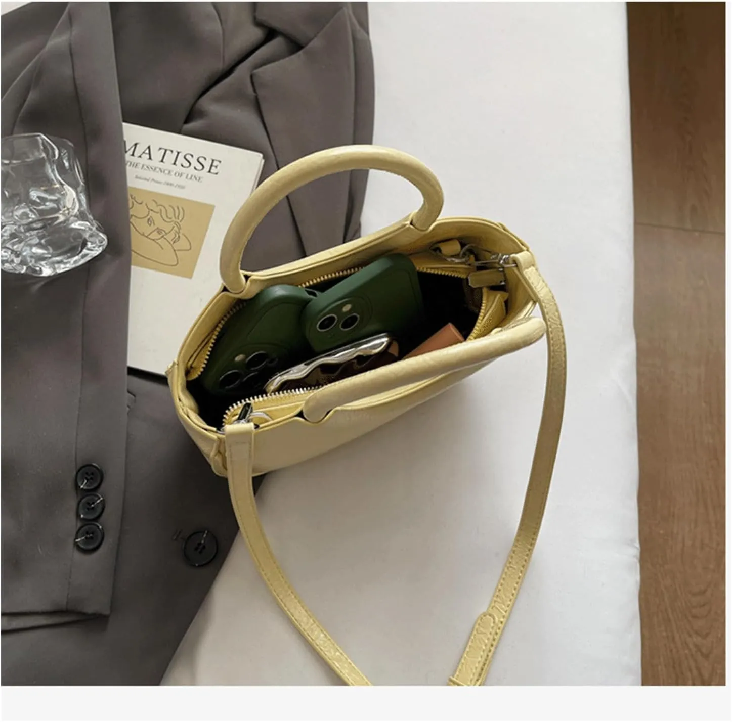 Mini Bucket Bag Soft Glossy Leather Bucket Purse with Round Handle Vintage Crossbody Shoulder Purse Bag
