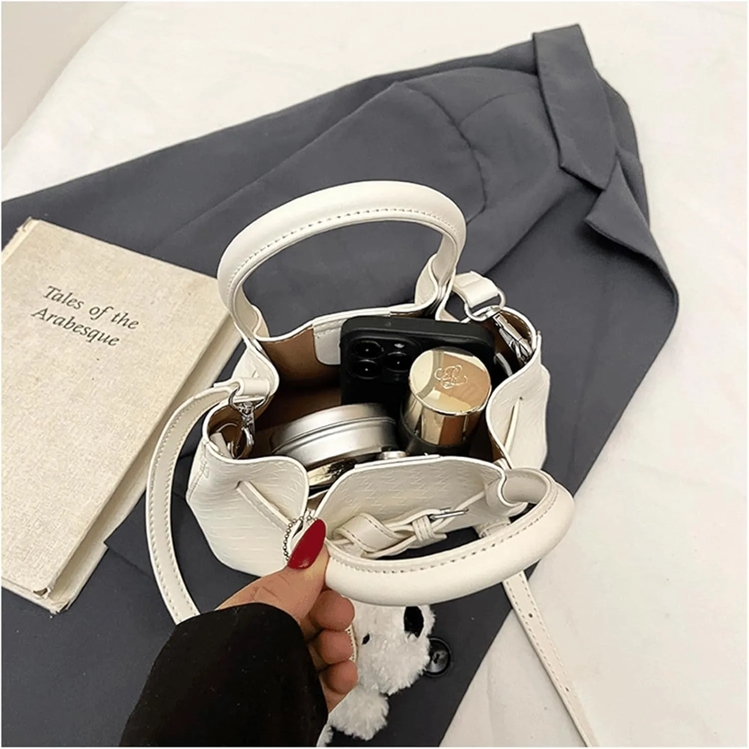 Mini Bucket Bag Vintage Leather Bucket Purse with Plush Charm Crossbody Purse Handbag Small Shoulder Handbag