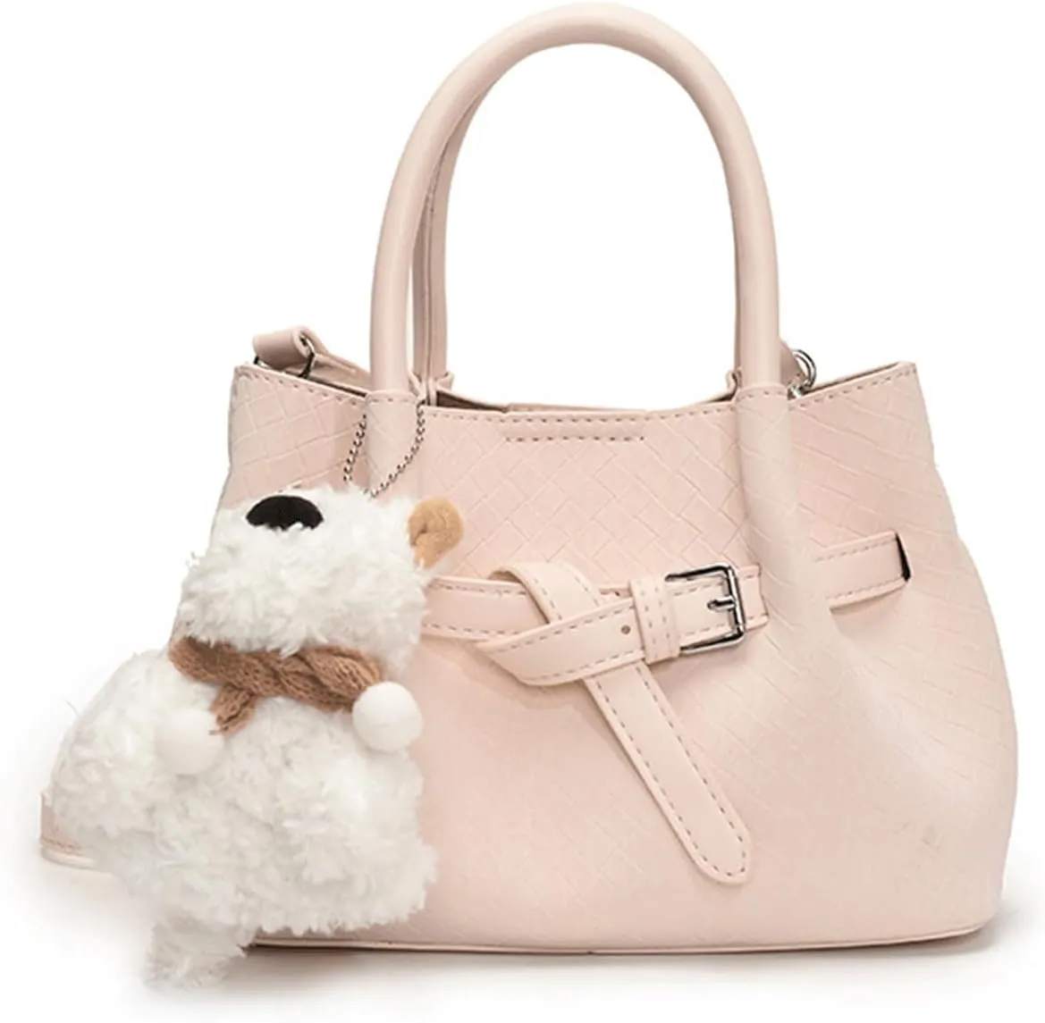 Mini Bucket Bag Vintage Leather Bucket Purse with Plush Charm Crossbody Purse Handbag Small Shoulder Handbag