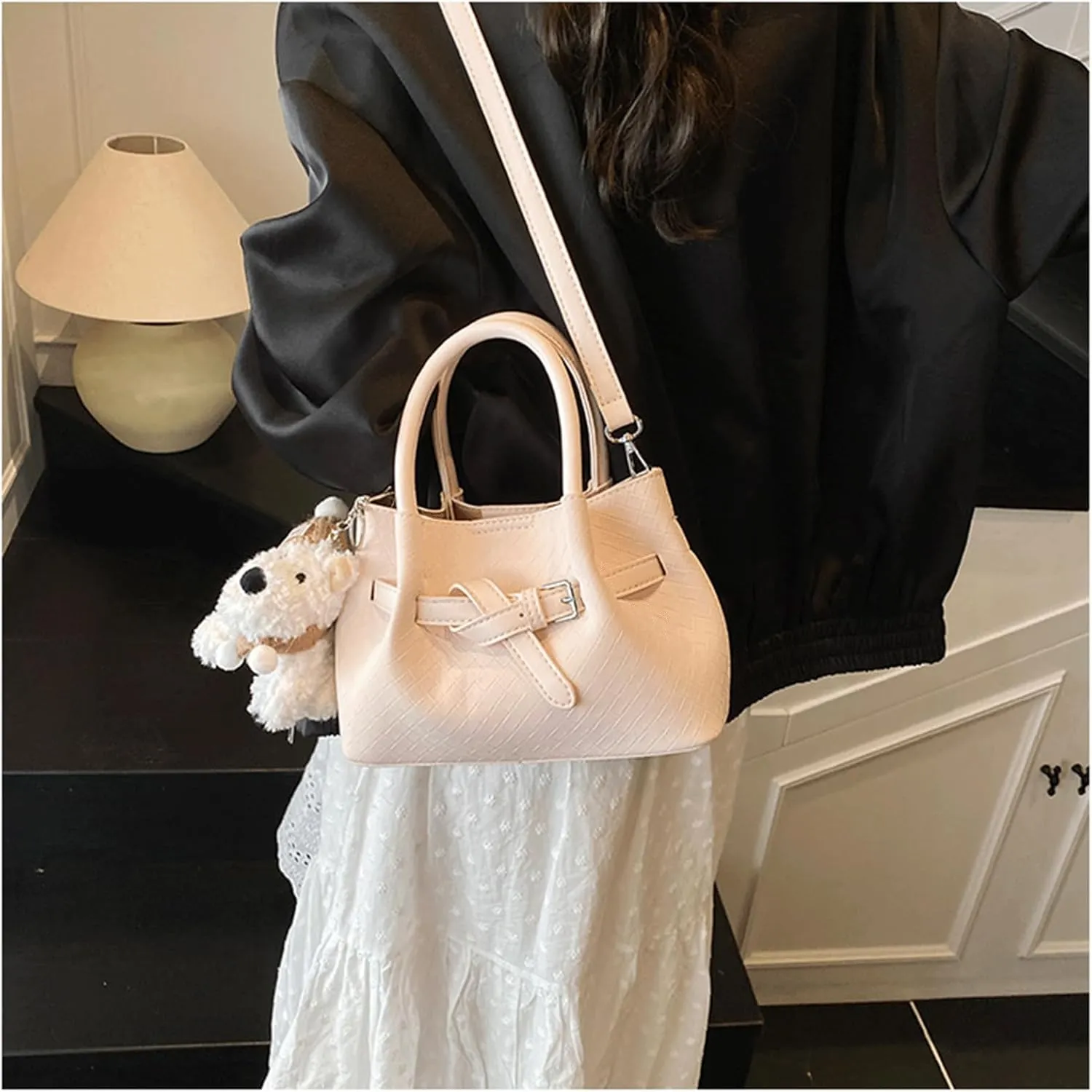 Mini Bucket Bag Vintage Leather Bucket Purse with Plush Charm Crossbody Purse Handbag Small Shoulder Handbag