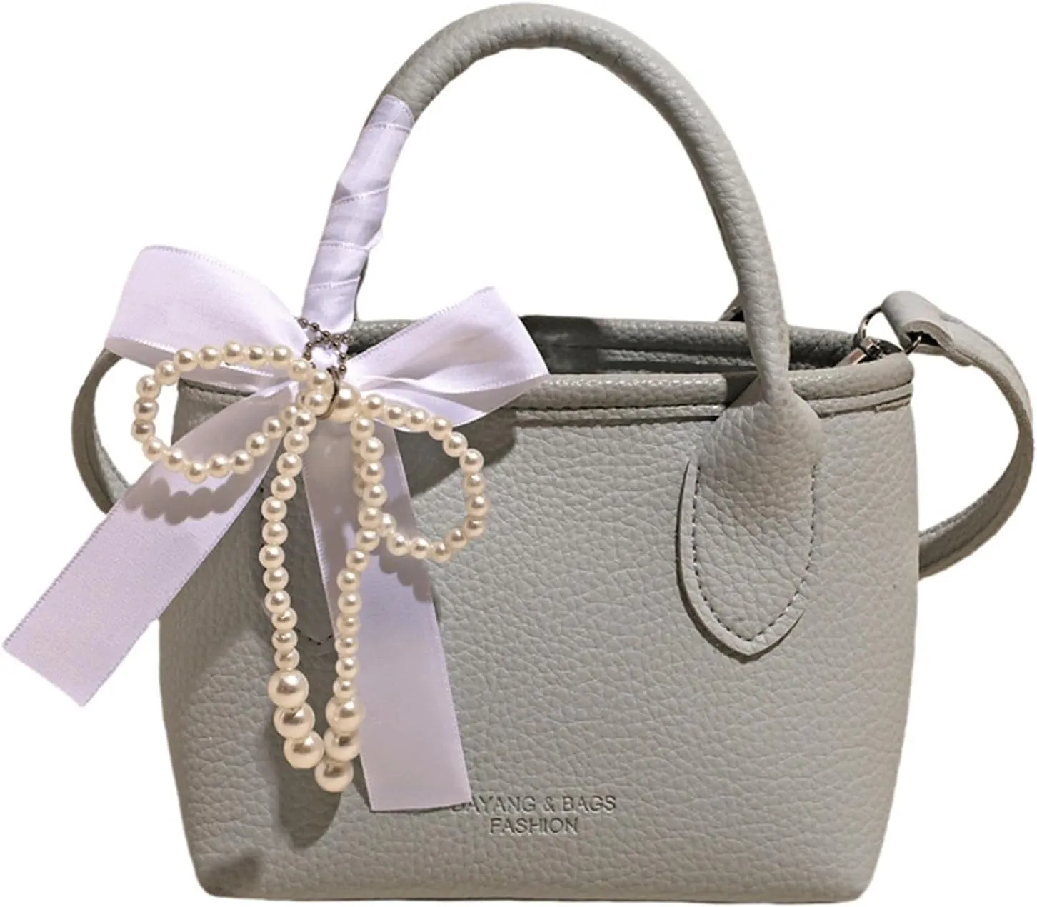 Mini Bucket Bag Vintage Pebbled Leather Bucket Purse with Lace Pearl Pendant Handbag Crossbody Shoulder Purse Bag