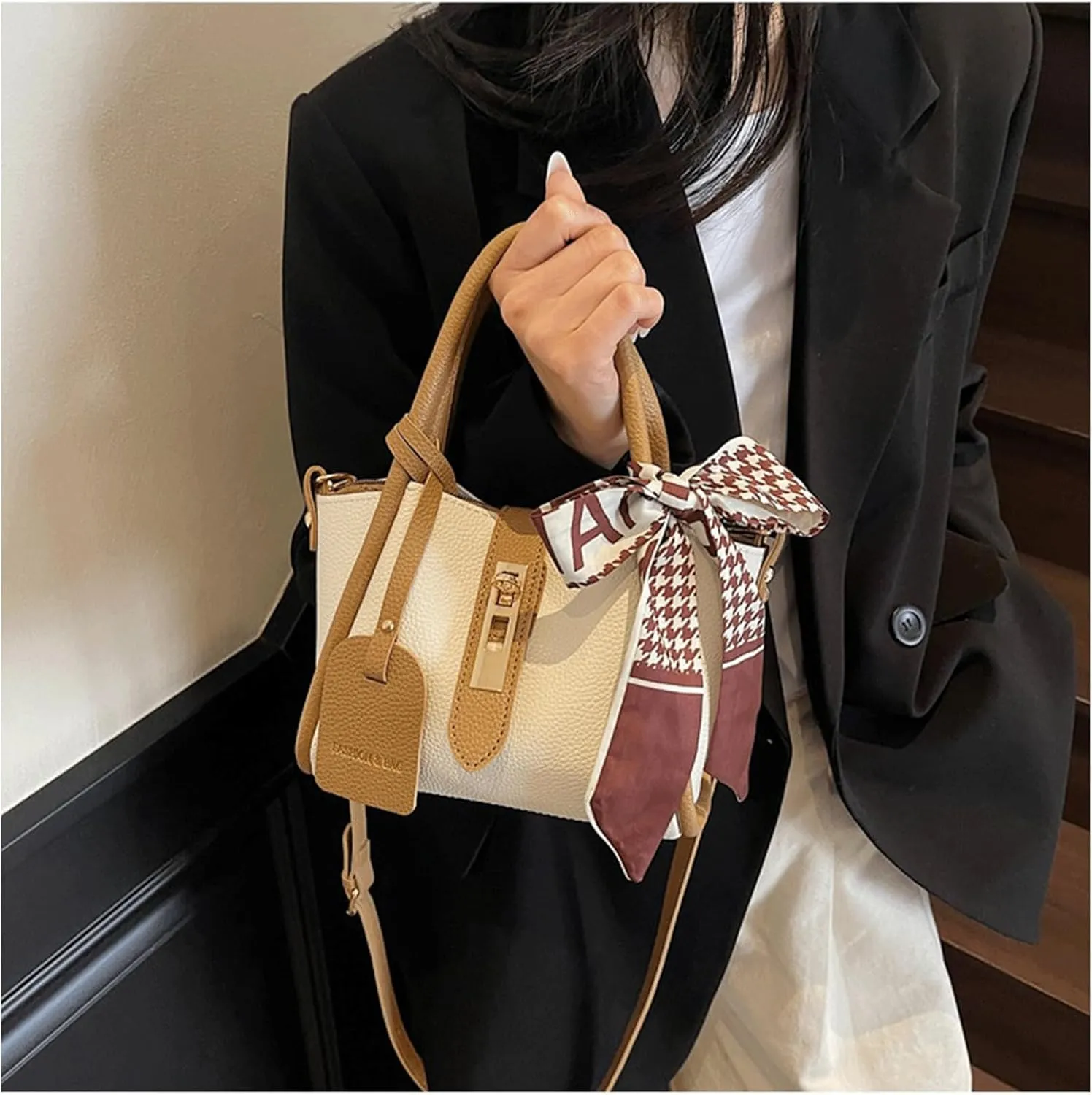 Mini Bucket Bag Vintage Pebbled Leather Purse with Scarf and Inner Pouch Purse Bag Crossbody Shoulder Handbag
