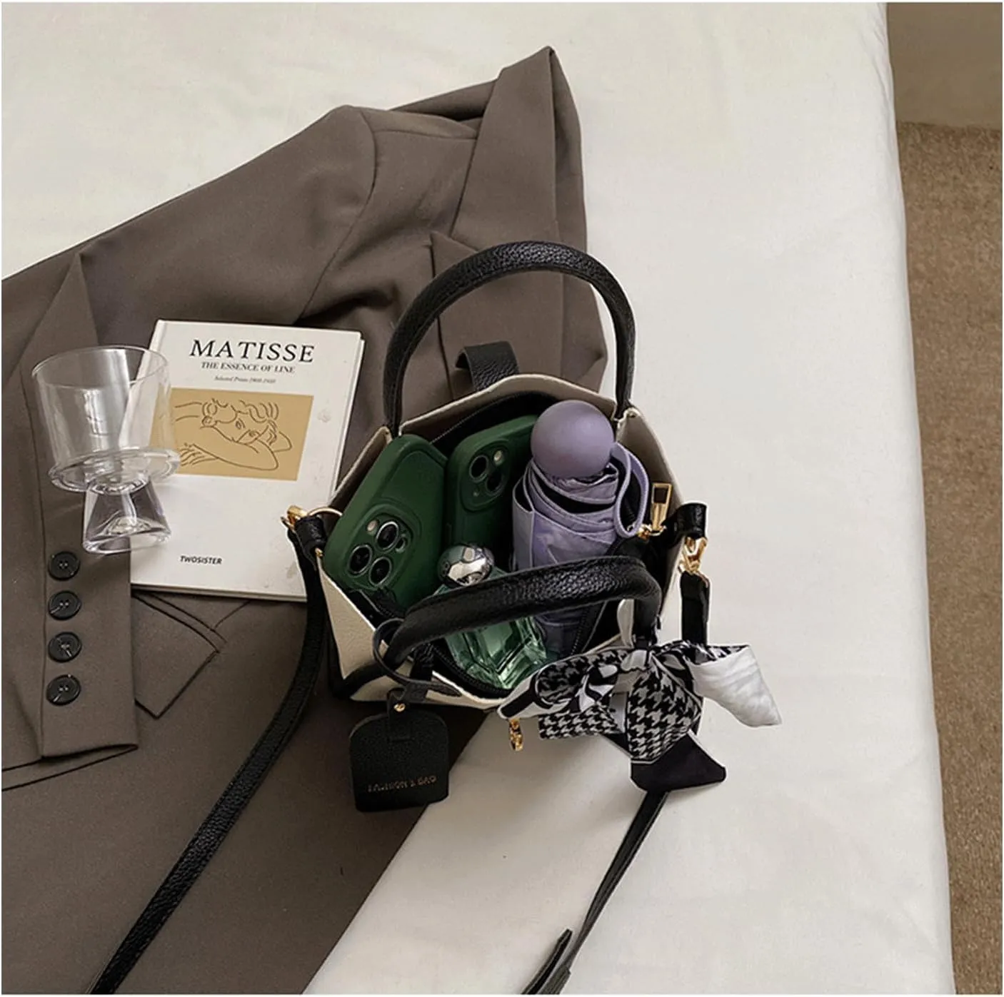 Mini Bucket Bag Vintage Pebbled Leather Purse with Scarf and Inner Pouch Purse Bag Crossbody Shoulder Handbag