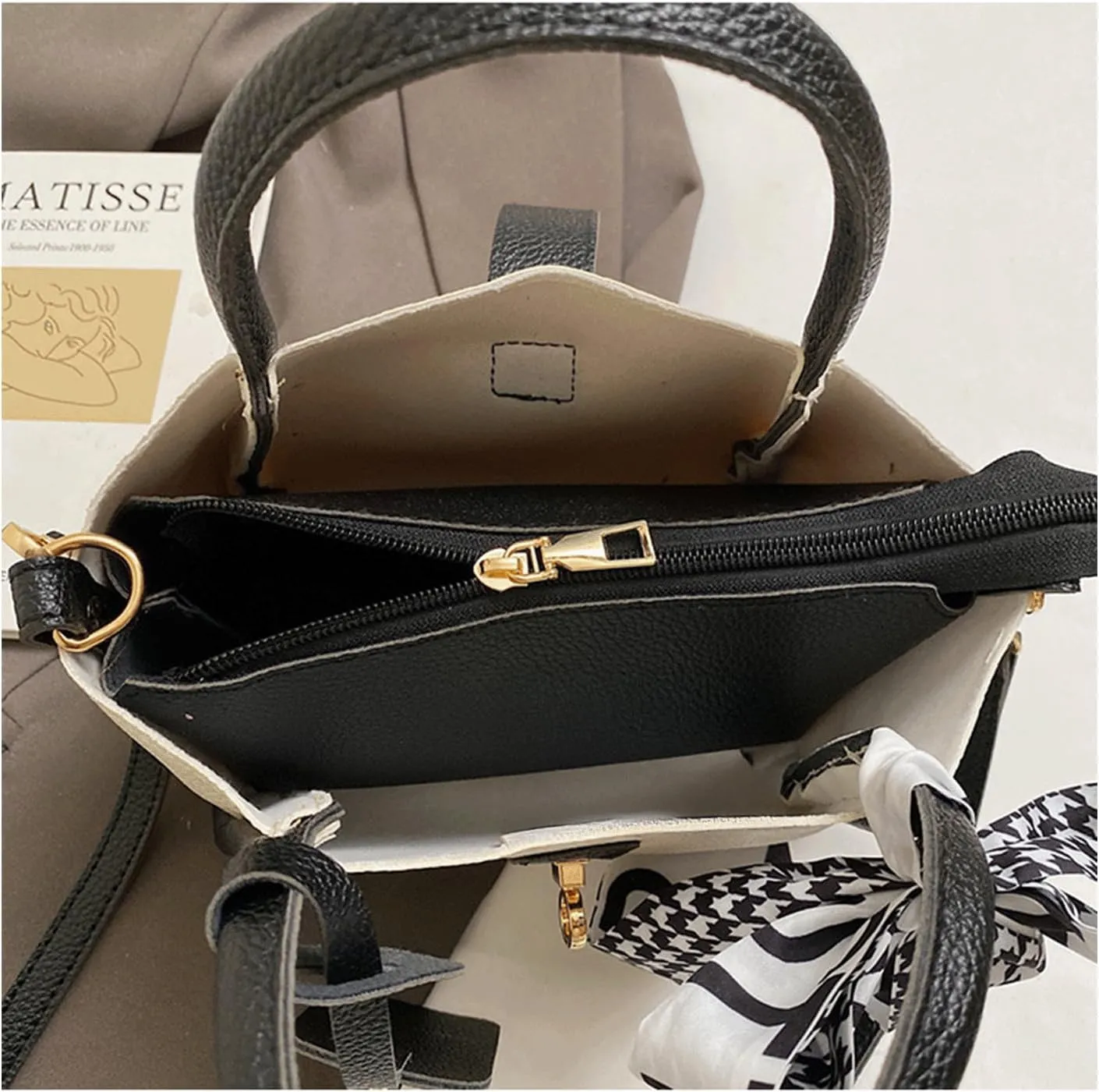 Mini Bucket Bag Vintage Pebbled Leather Purse with Scarf and Inner Pouch Purse Bag Crossbody Shoulder Handbag