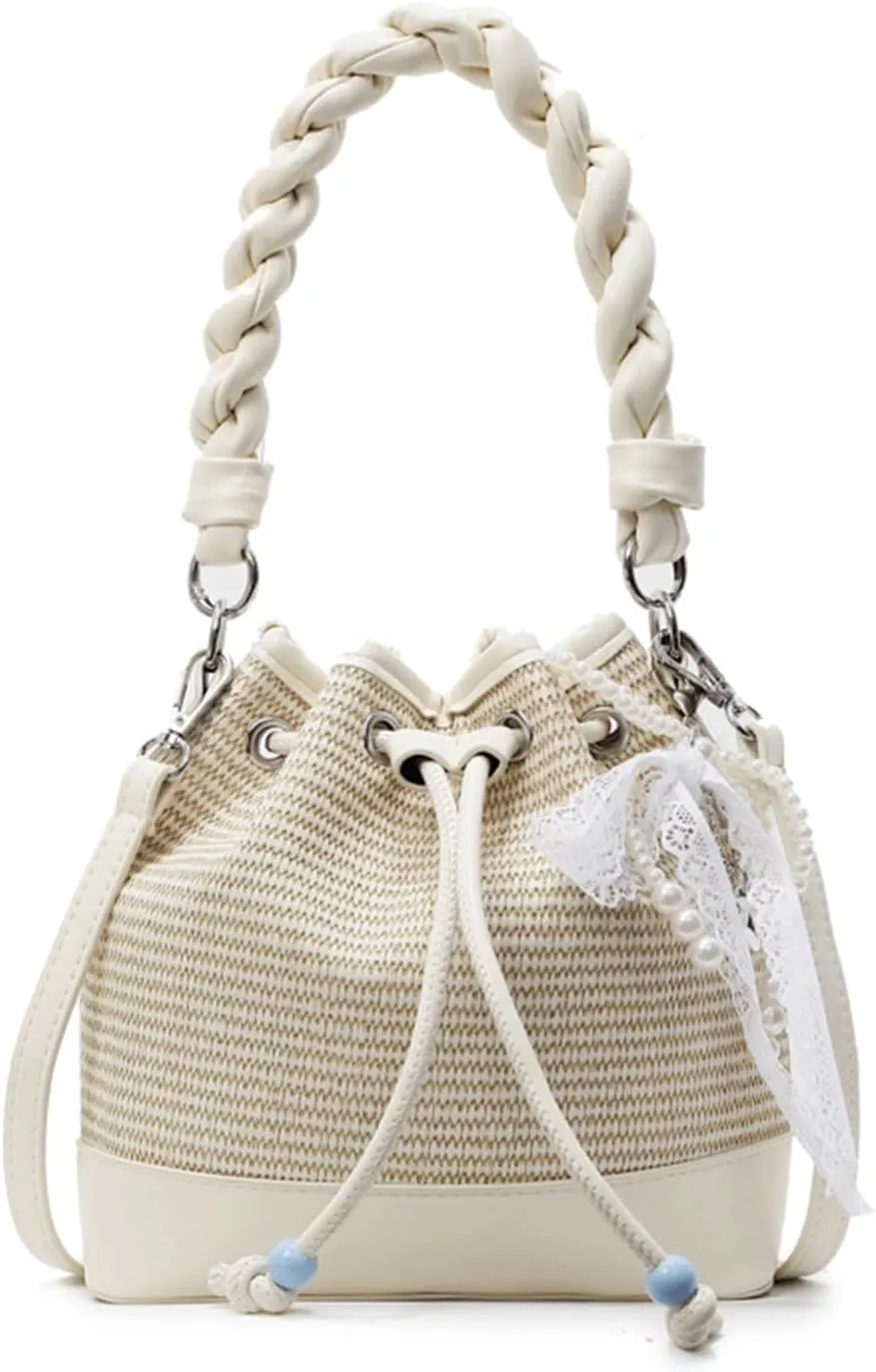 Mini Bucket Bag Vintage Straw and Leather Bucket Purse with Drawstring Closure Lace Pearl Charm Crossbody Shoulder Purse Bag