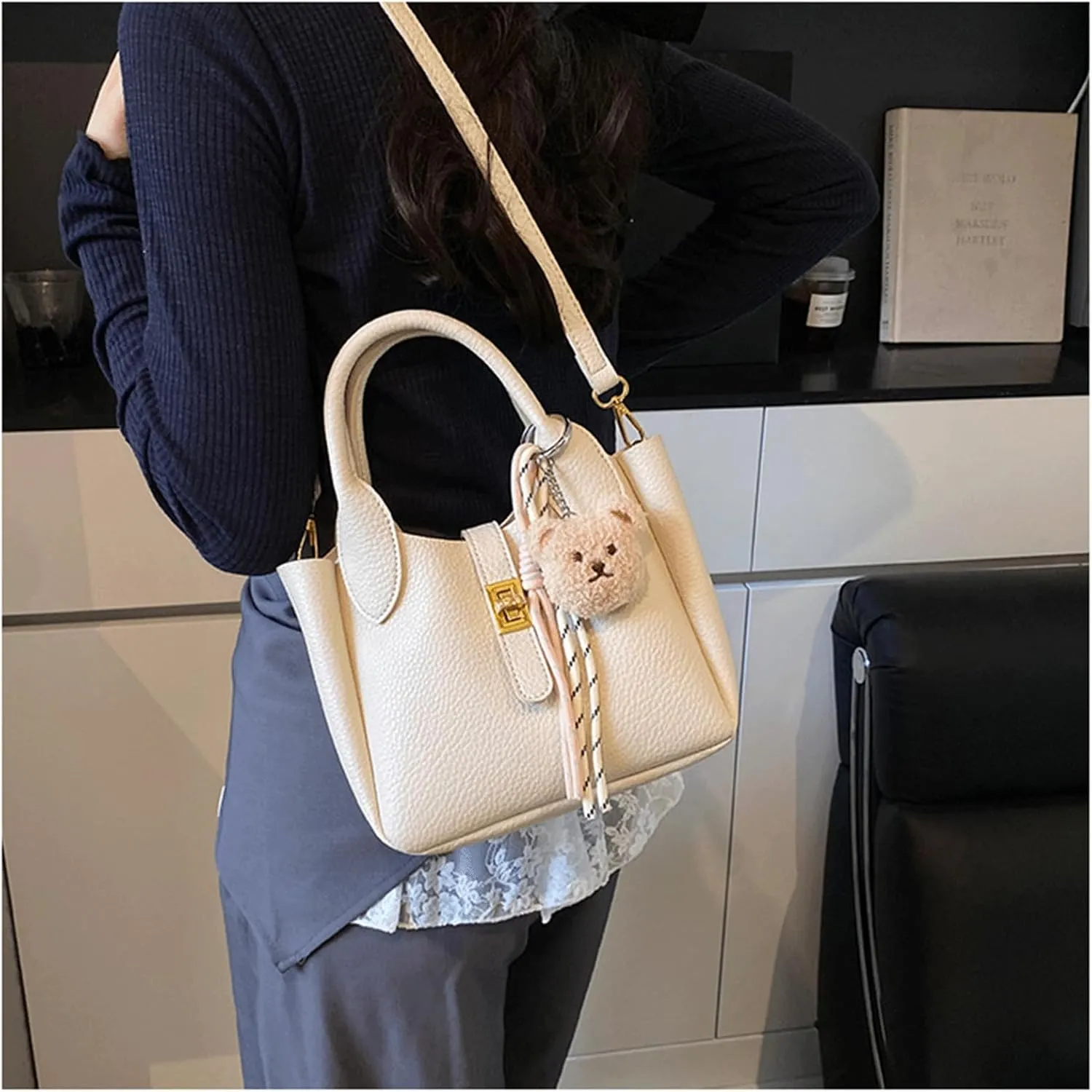 Mini Bucket Bag with Cute Charms Vintage Crossbody Handbag Leather Bucket Purses Handbag for Women