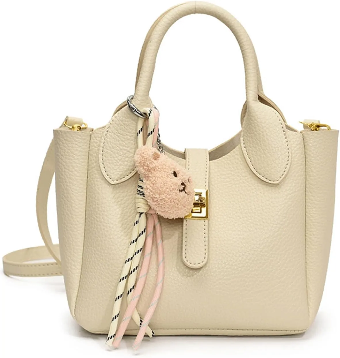 Mini Bucket Bag with Cute Charms Vintage Crossbody Handbag Leather Bucket Purses Handbag for Women