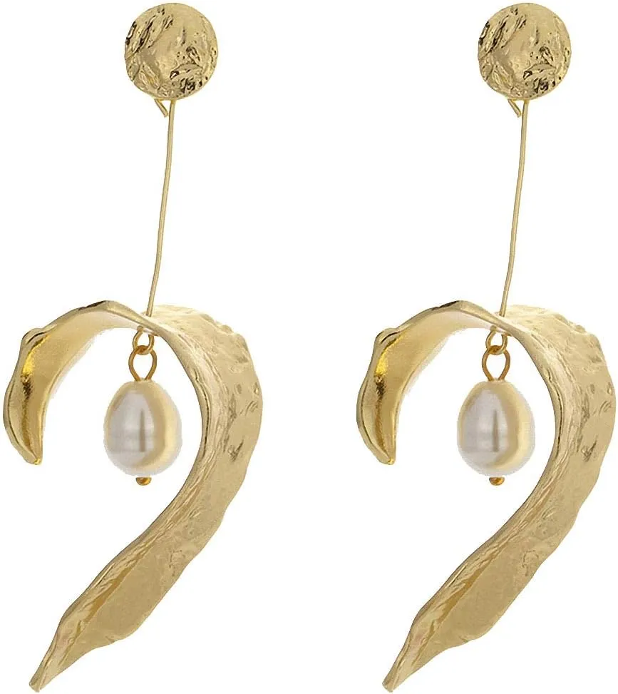 Minimalist Leaf Plant Gold Dangle Earrings Natural Pearls Earrings Drop Earrings