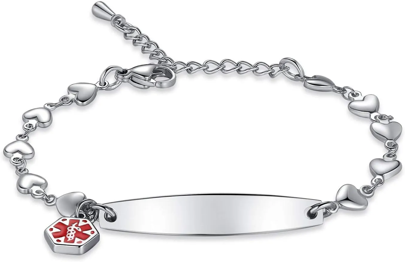 mnmoom medical alert bracelets for women 6.5-8 inch adjustable heart links medical bracelets with engraved