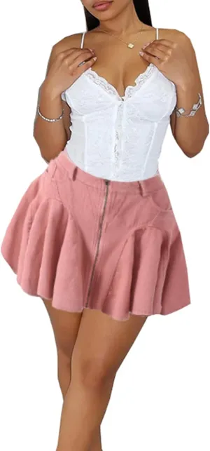 Molisry Women's Denim Mini Skirt Cute High Waisted Zip Up Casual A-Line Ruffle Pleated Y2K Jean Short Skirt Streetwear