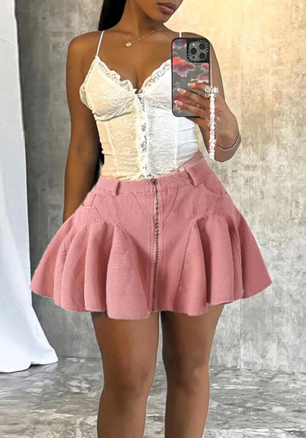 Molisry Women's Denim Mini Skirt Cute High Waisted Zip Up Casual A-Line Ruffle Pleated Y2K Jean Short Skirt Streetwear