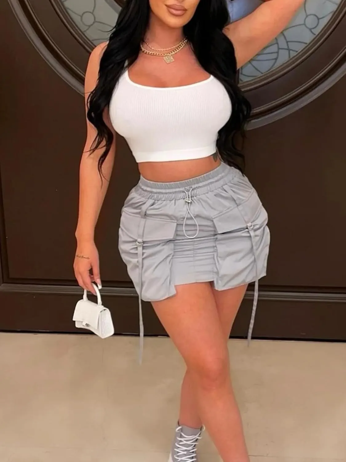 Molisry Women's Drawstring Cargo Skirt Elasitc High Waisted Y2K Sexy Workout Mini Skirt with Pockets 2025