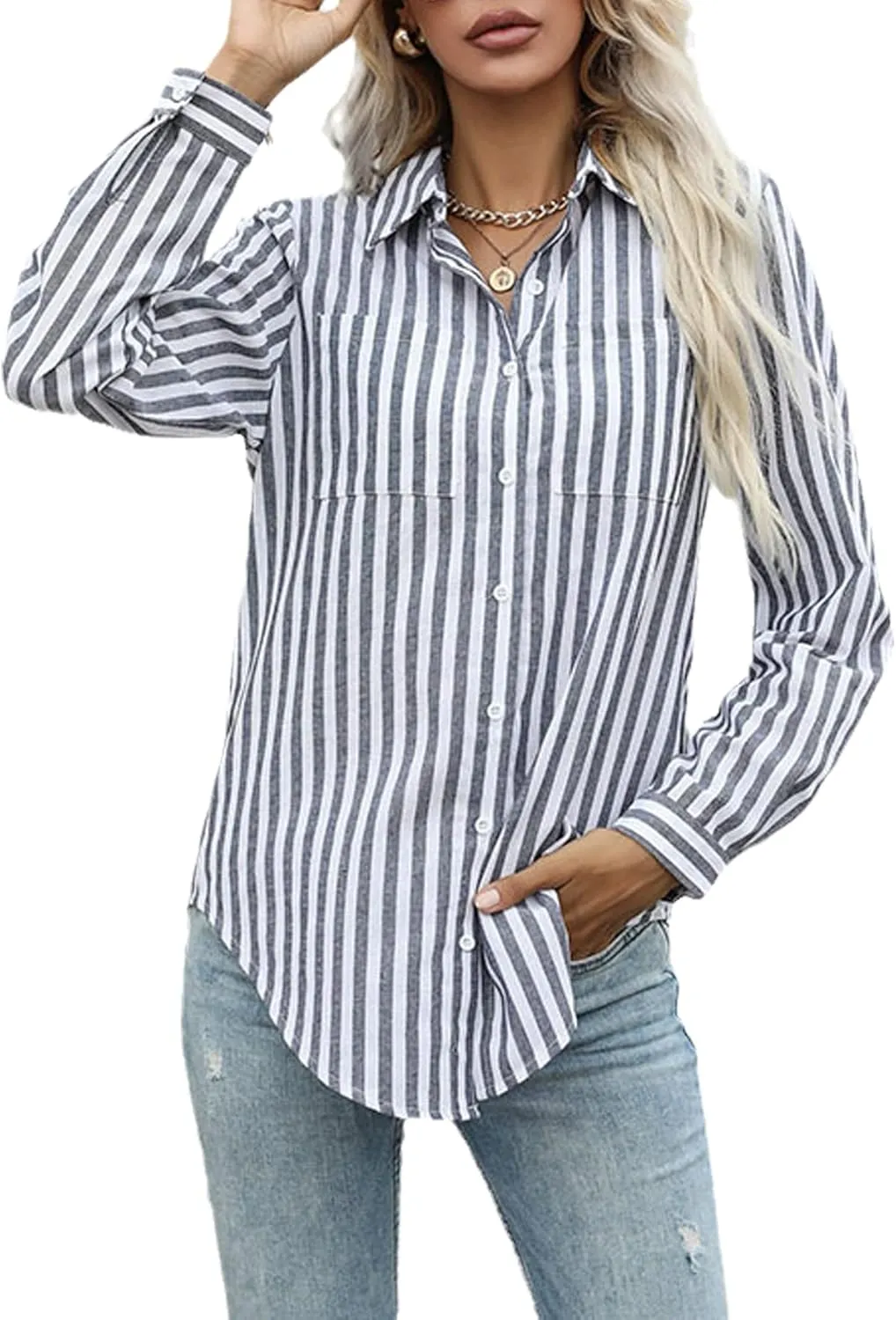 Moonetto Women's Striped Button Down Collar Blouse Crop Top Tie Front Long Sleeve Shirt