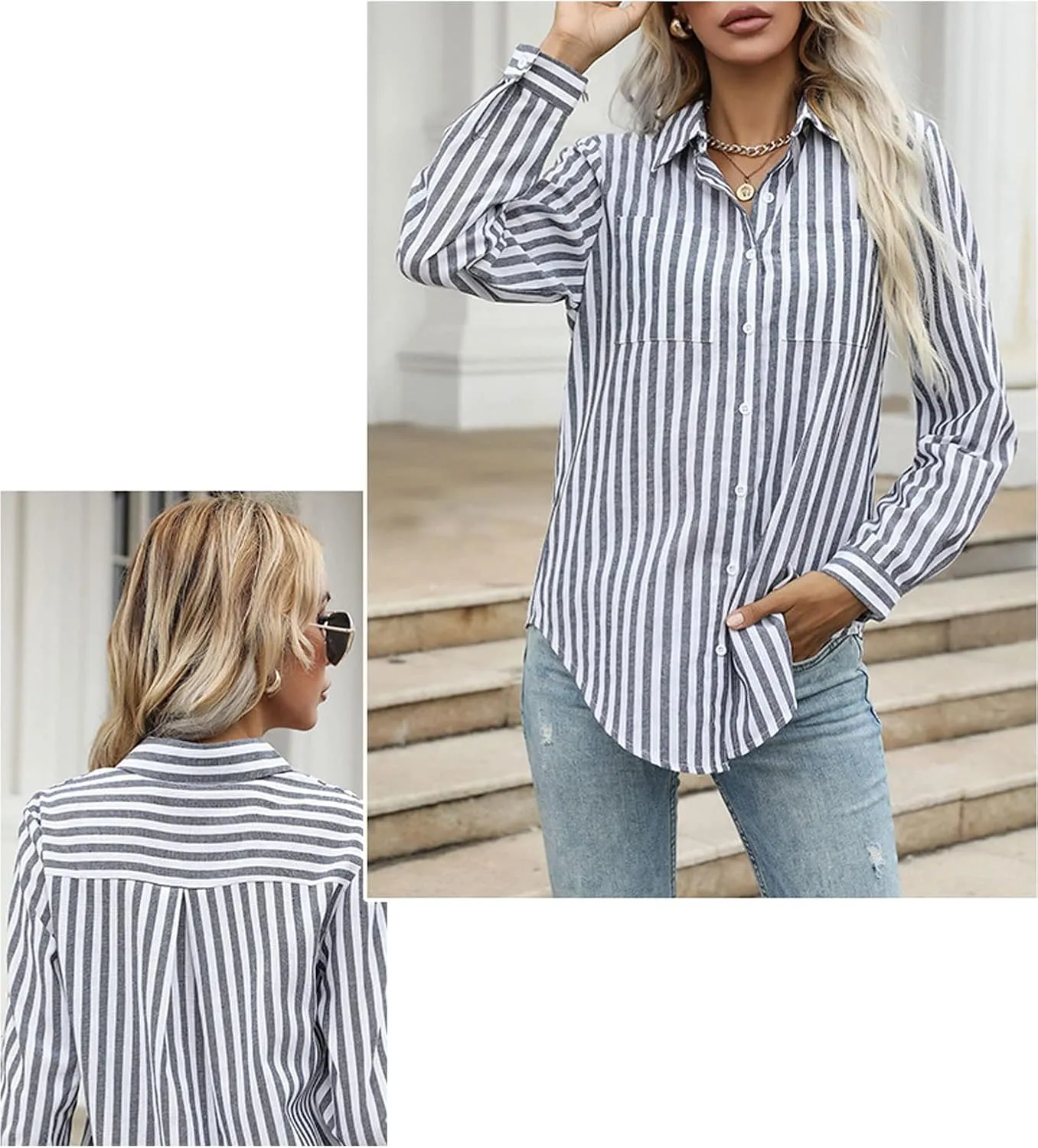 Moonetto Women's Striped Button Down Collar Blouse Crop Top Tie Front Long Sleeve Shirt
