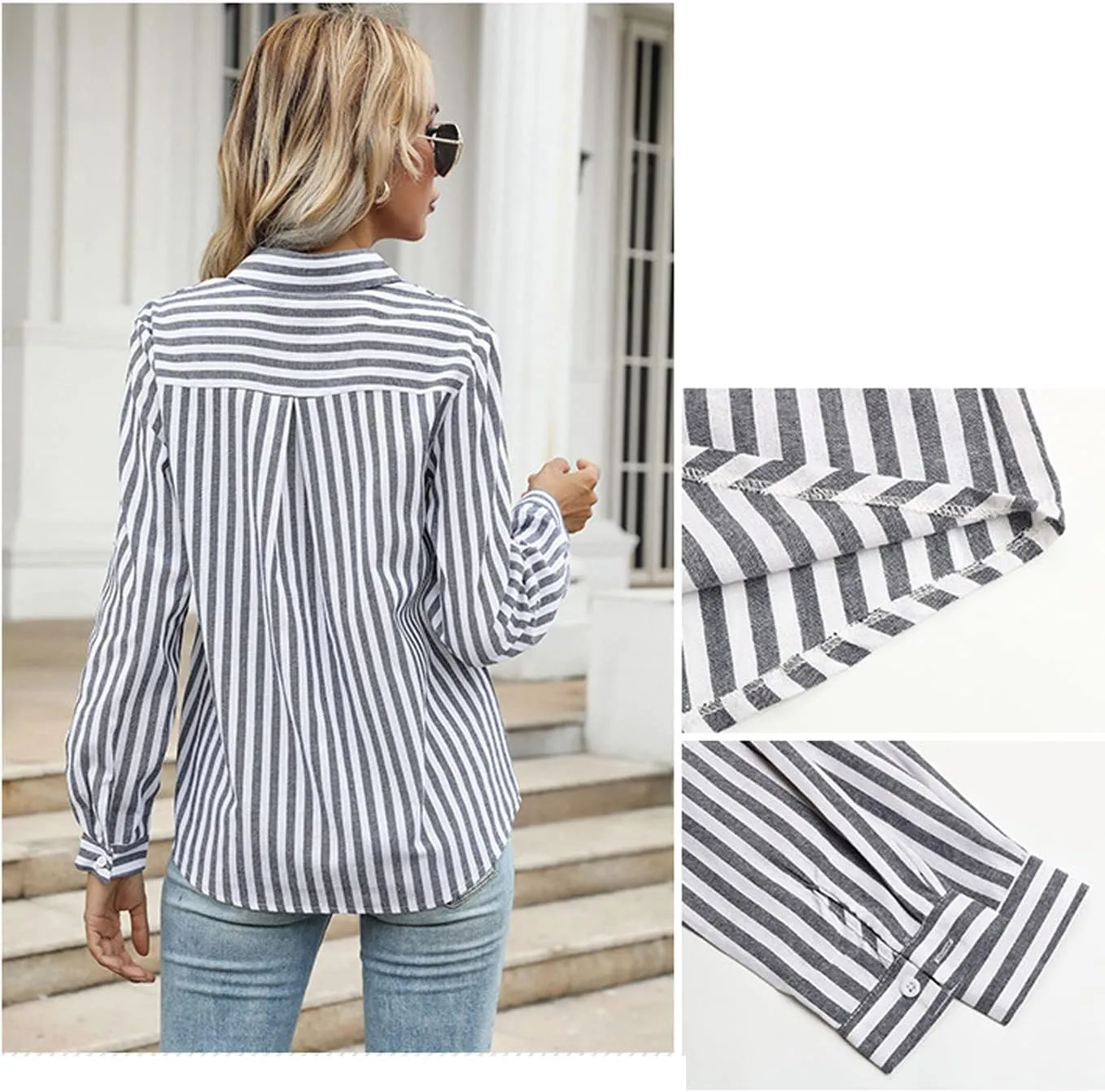 Moonetto Women's Striped Button Down Collar Blouse Crop Top Tie Front Long Sleeve Shirt