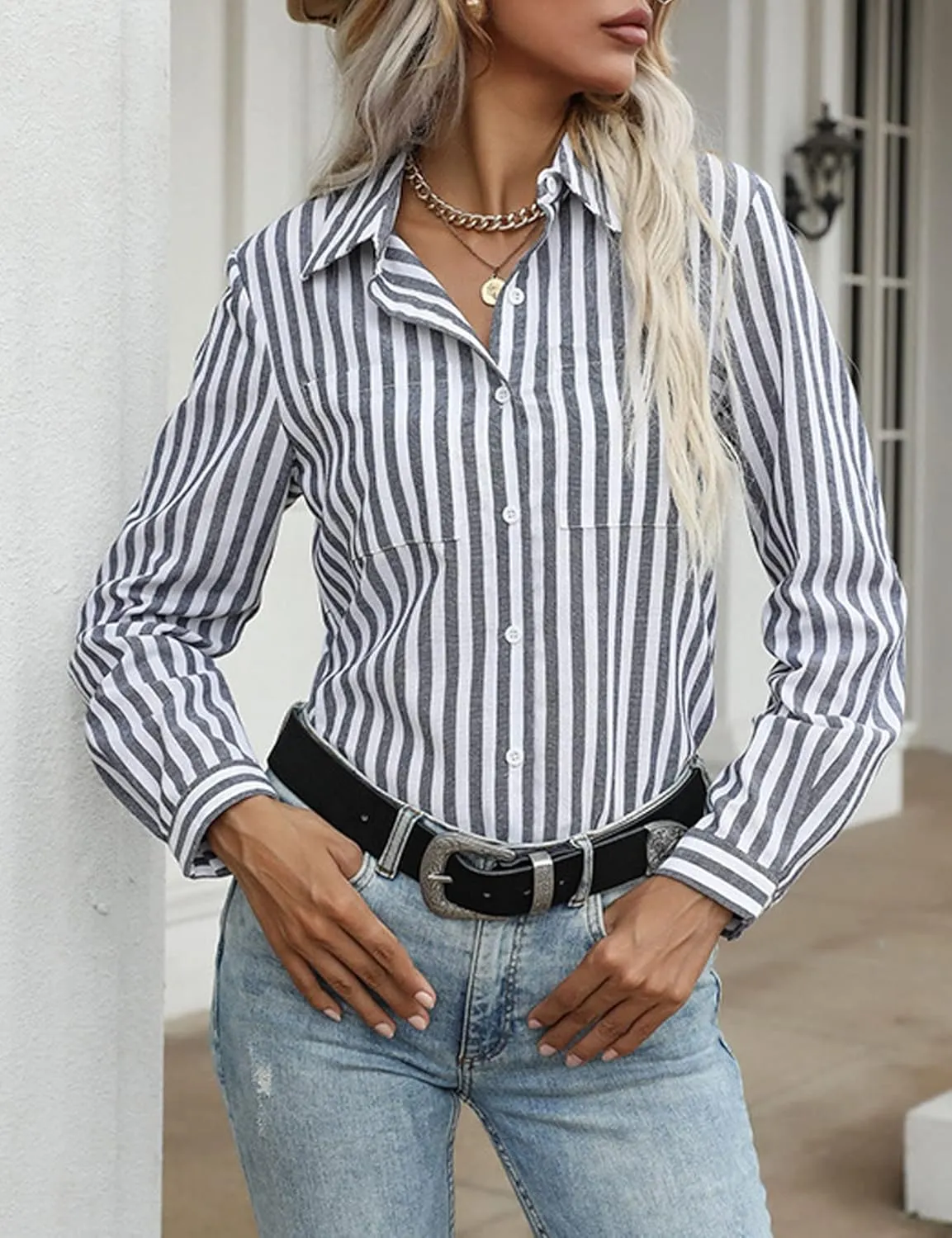 Moonetto Women's Striped Button Down Collar Blouse Crop Top Tie Front Long Sleeve Shirt