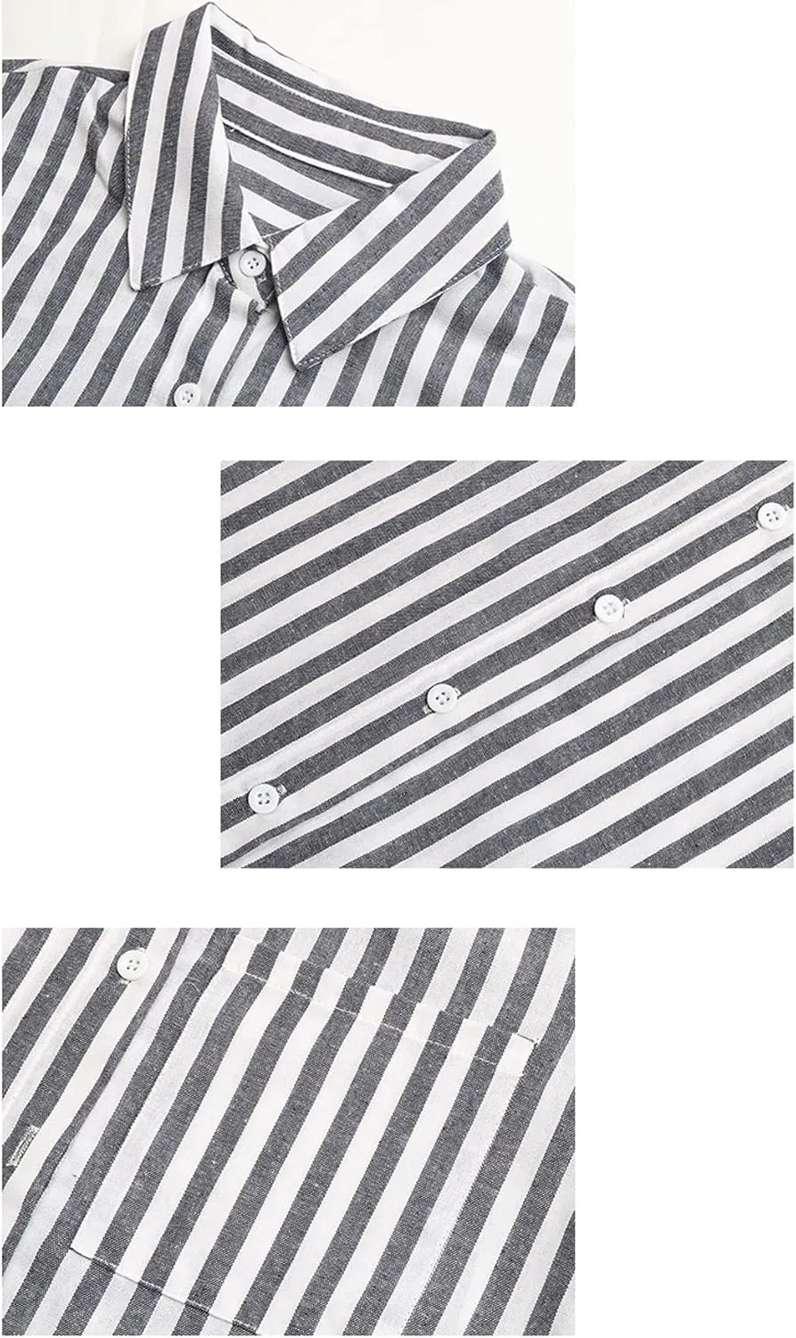 Moonetto Women's Striped Button Down Collar Blouse Crop Top Tie Front Long Sleeve Shirt