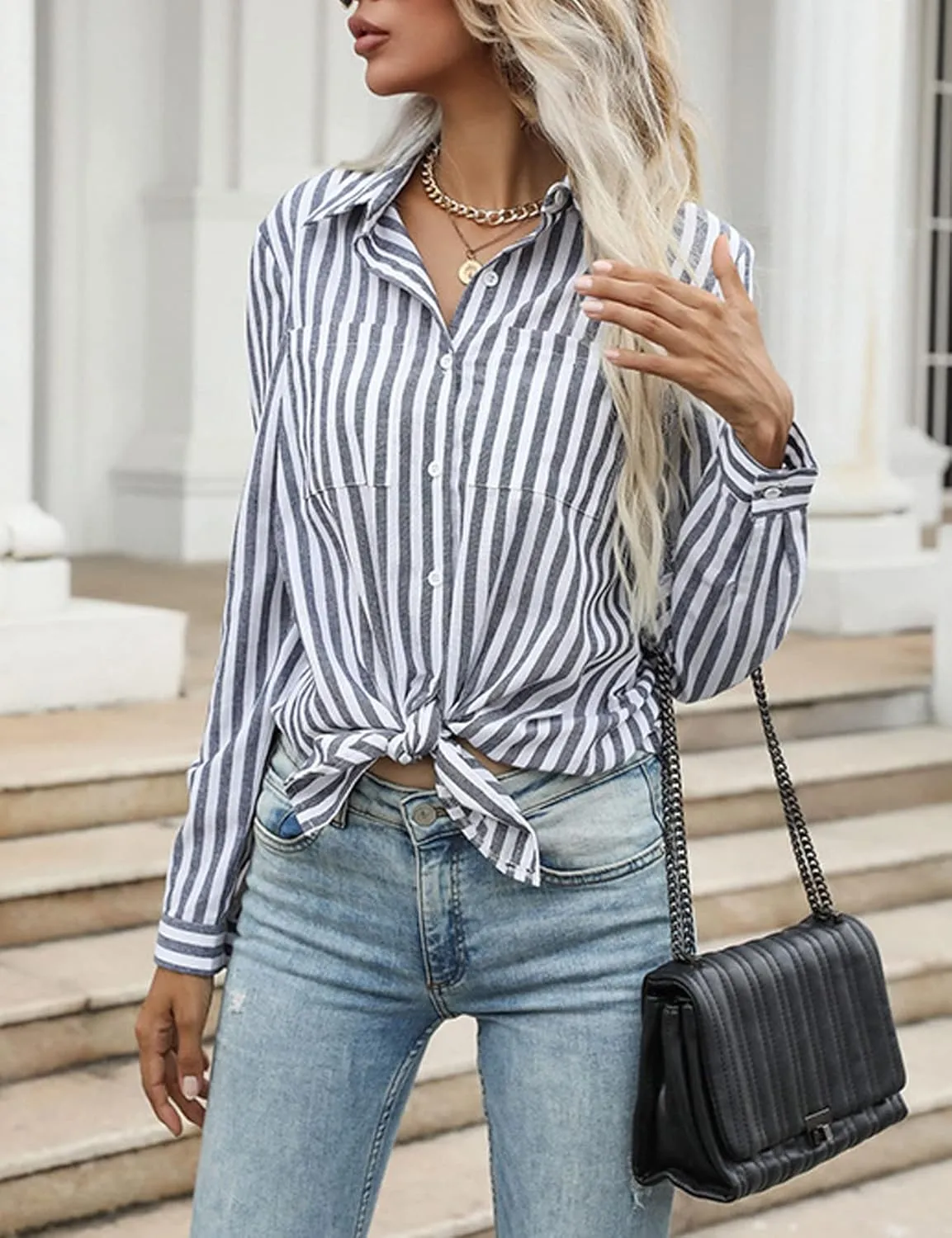 Moonetto Women's Striped Button Down Collar Blouse Crop Top Tie Front Long Sleeve Shirt