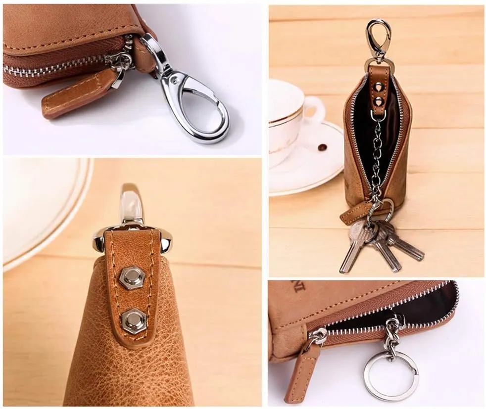 Multi Soft Genuine Leather Coin Purse Pouch, Car Key Case Wallet with Zipper,Pocket Wallet with Chain/Ring for Men Women 