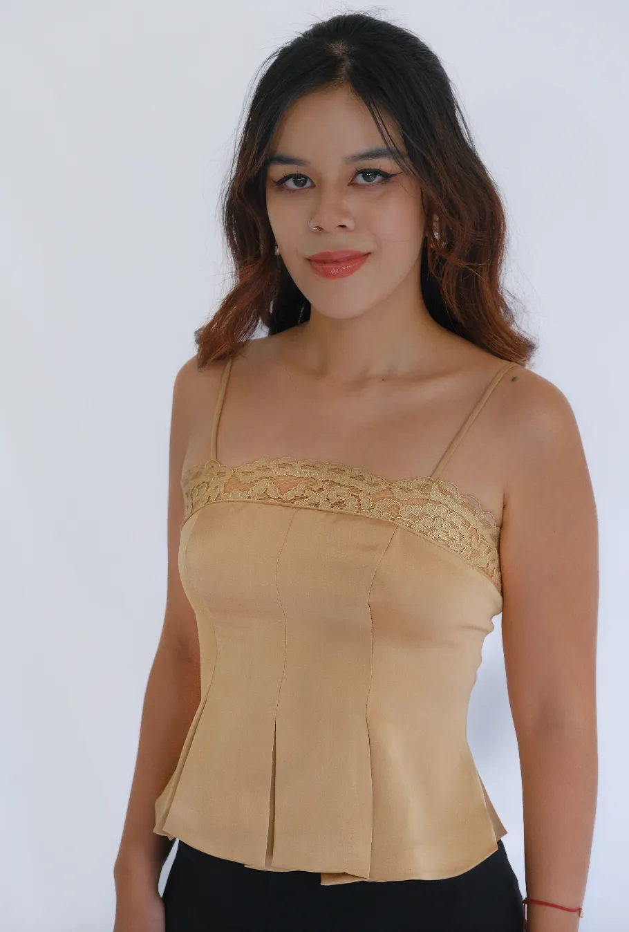 Nancy Silk Peplum Top with Lace Detail