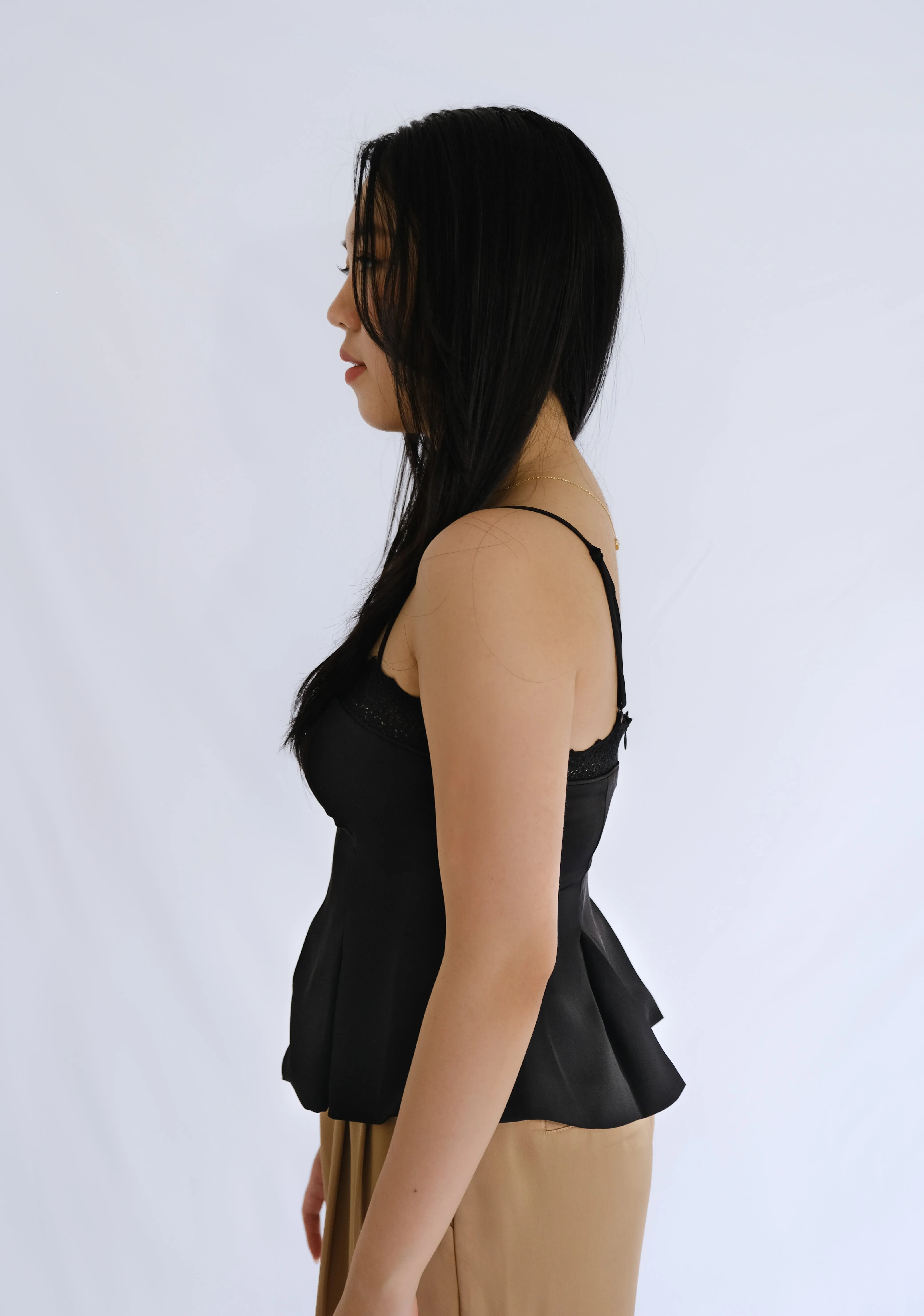 Nancy Silk Peplum Top with Lace Detail