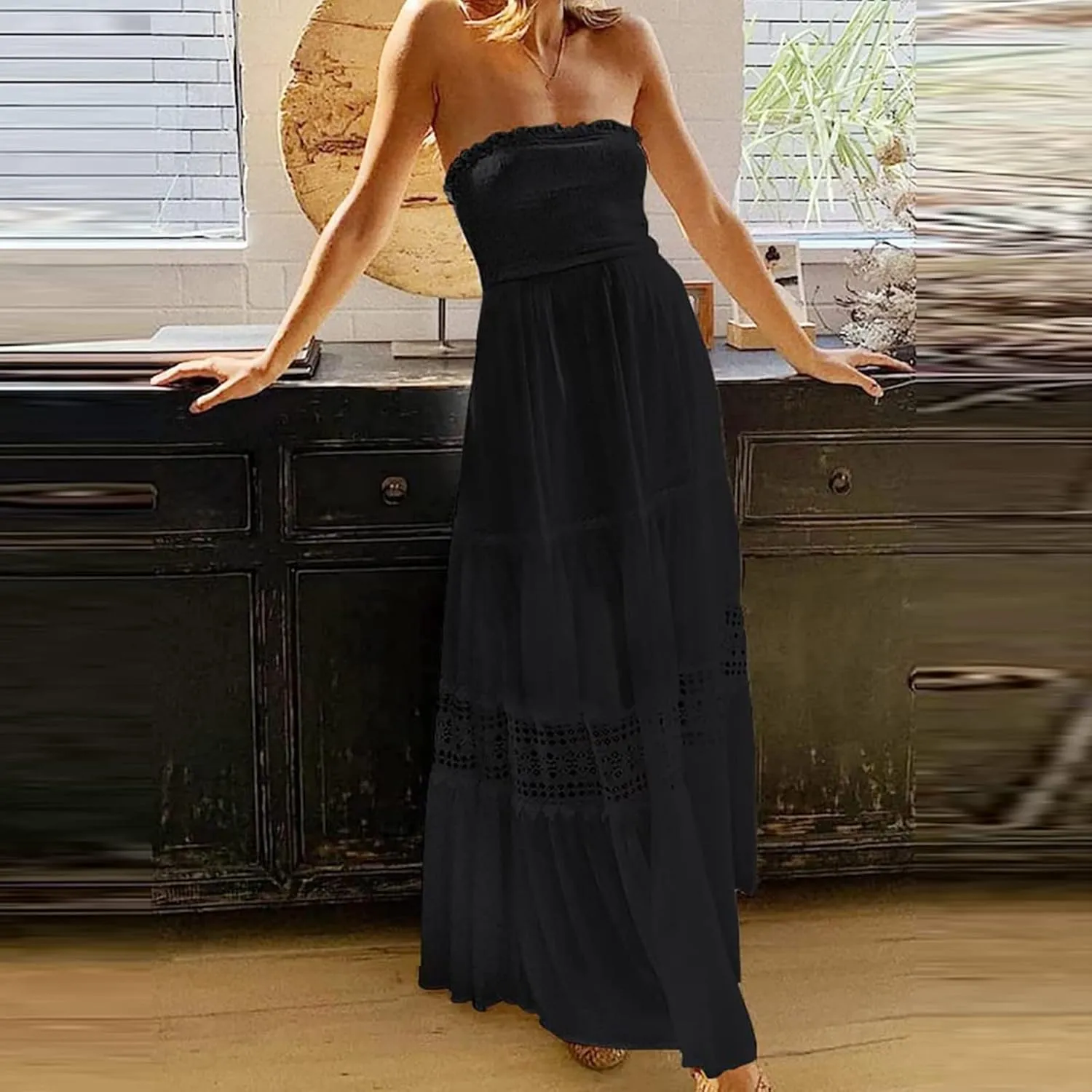 NaRHbrg Summer Dresses for Women 2024 Strapless Dress Boho Flowy Maxi Dress Tube Top Off Shoulder Sleeveless Long Sundress