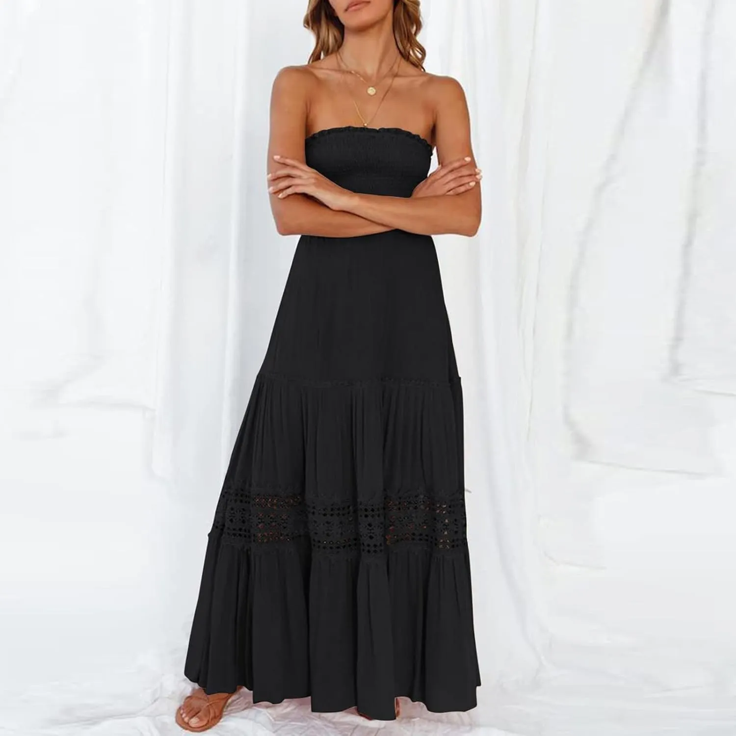 NaRHbrg Summer Dresses for Women 2024 Strapless Dress Boho Flowy Maxi Dress Tube Top Off Shoulder Sleeveless Long Sundress