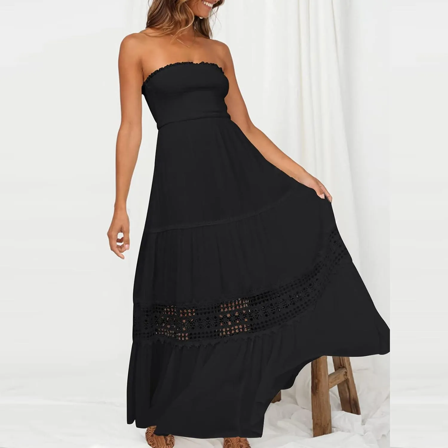 NaRHbrg Summer Dresses for Women 2024 Strapless Dress Boho Flowy Maxi Dress Tube Top Off Shoulder Sleeveless Long Sundress