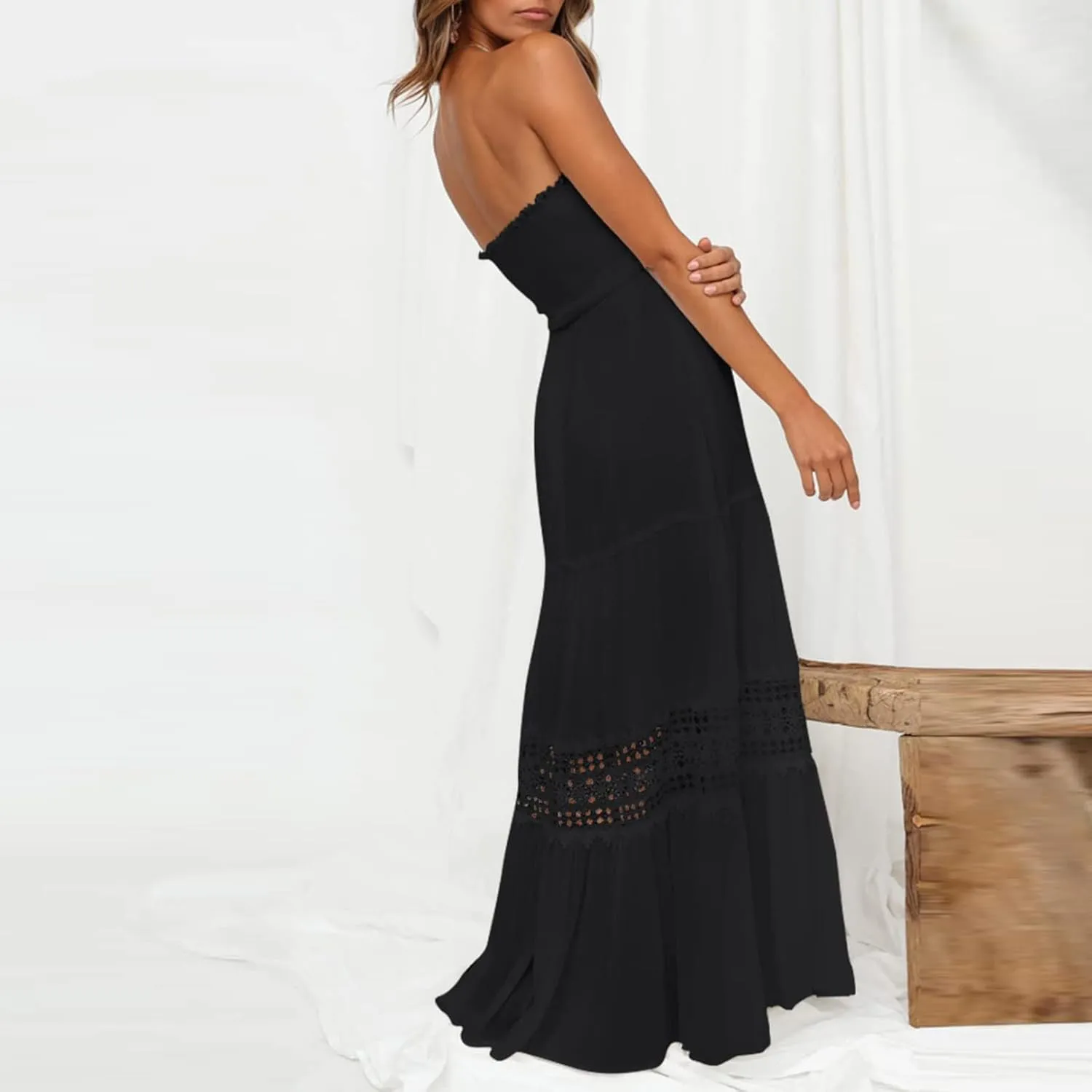 NaRHbrg Summer Dresses for Women 2024 Strapless Dress Boho Flowy Maxi Dress Tube Top Off Shoulder Sleeveless Long Sundress