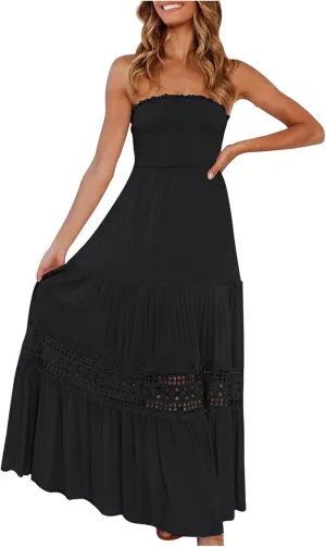 NaRHbrg Summer Dresses for Women 2024 Strapless Dress Boho Flowy Maxi Dress Tube Top Off Shoulder Sleeveless Long Sundress