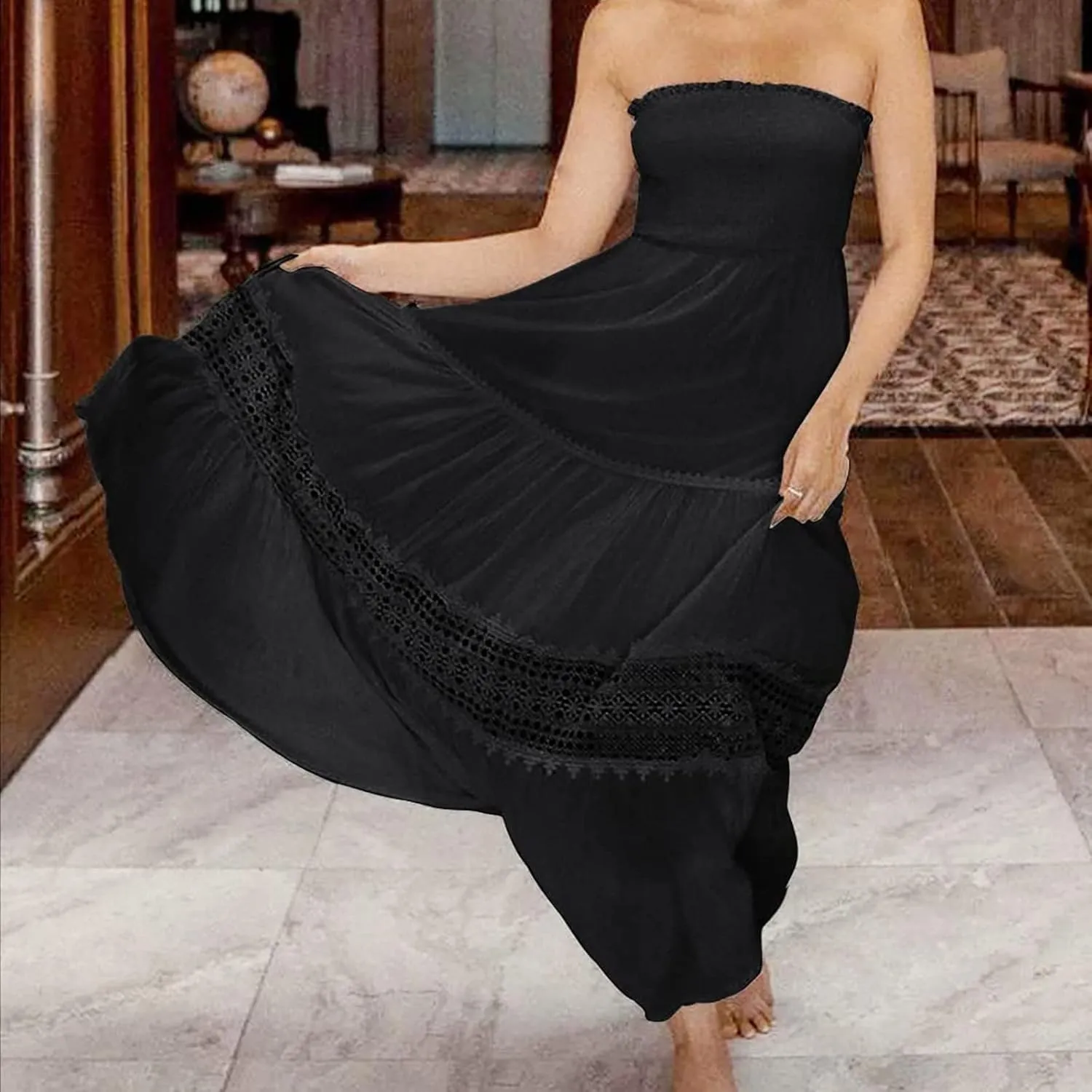 NaRHbrg Summer Dresses for Women 2024 Strapless Dress Boho Flowy Maxi Dress Tube Top Off Shoulder Sleeveless Long Sundress
