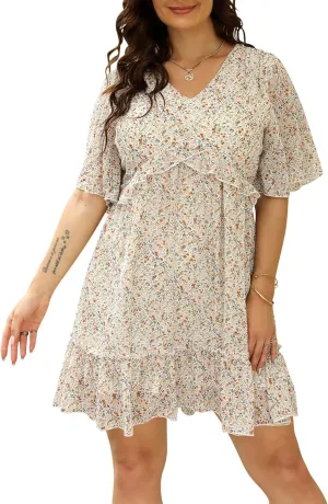 Nemidor Womens Loose Plus Size Summer Ditsy Floral Print Ruffle Mini Flowy Dress NEM314