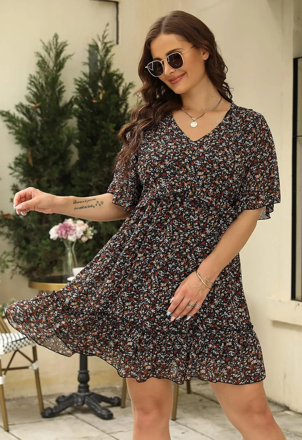 Nemidor Womens Loose Plus Size Summer Ditsy Floral Print Ruffle Mini Flowy Dress NEM314