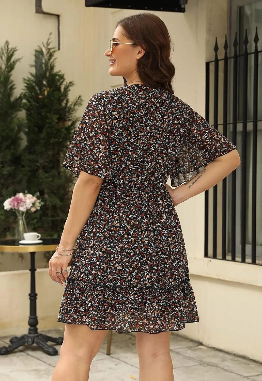 Nemidor Womens Loose Plus Size Summer Ditsy Floral Print Ruffle Mini Flowy Dress NEM314