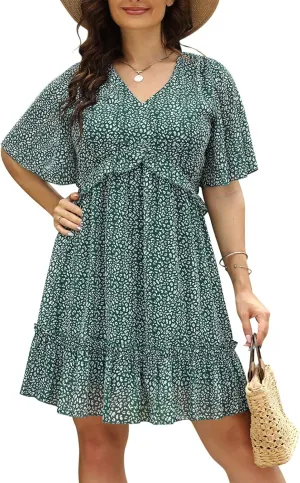 Nemidor Womens Loose Plus Size Summer Ditsy Floral Print Ruffle Mini Flowy Dress NEM314