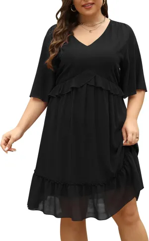 Nemidor Womens Loose Plus Size Summer Ditsy Floral Print Ruffle Mini Flowy Dress NEM314