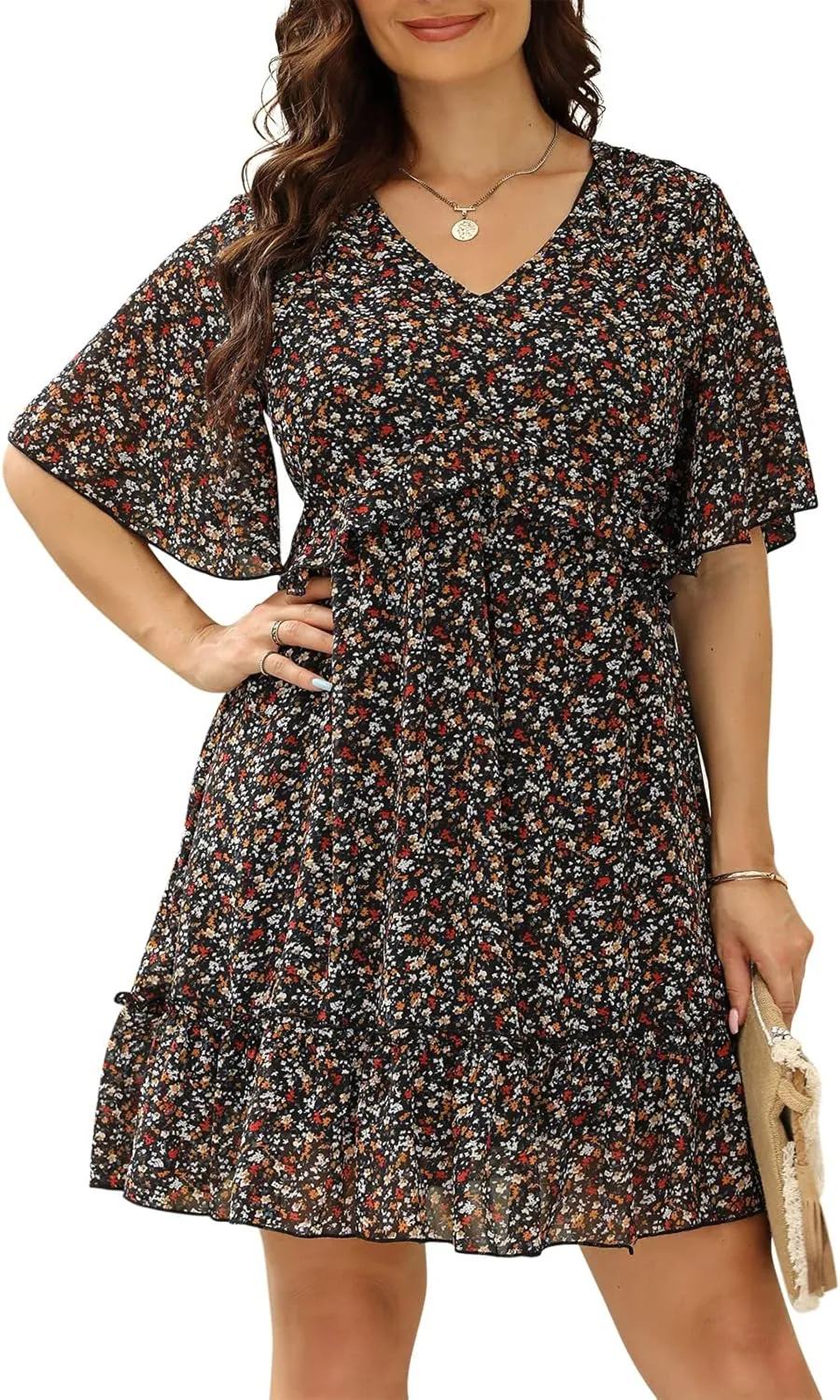 Nemidor Womens Loose Plus Size Summer Ditsy Floral Print Ruffle Mini Flowy Dress NEM314