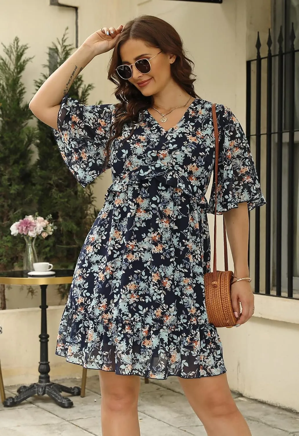 Nemidor Womens Loose Plus Size Summer Ditsy Floral Print Ruffle Mini Flowy Dress NEM314