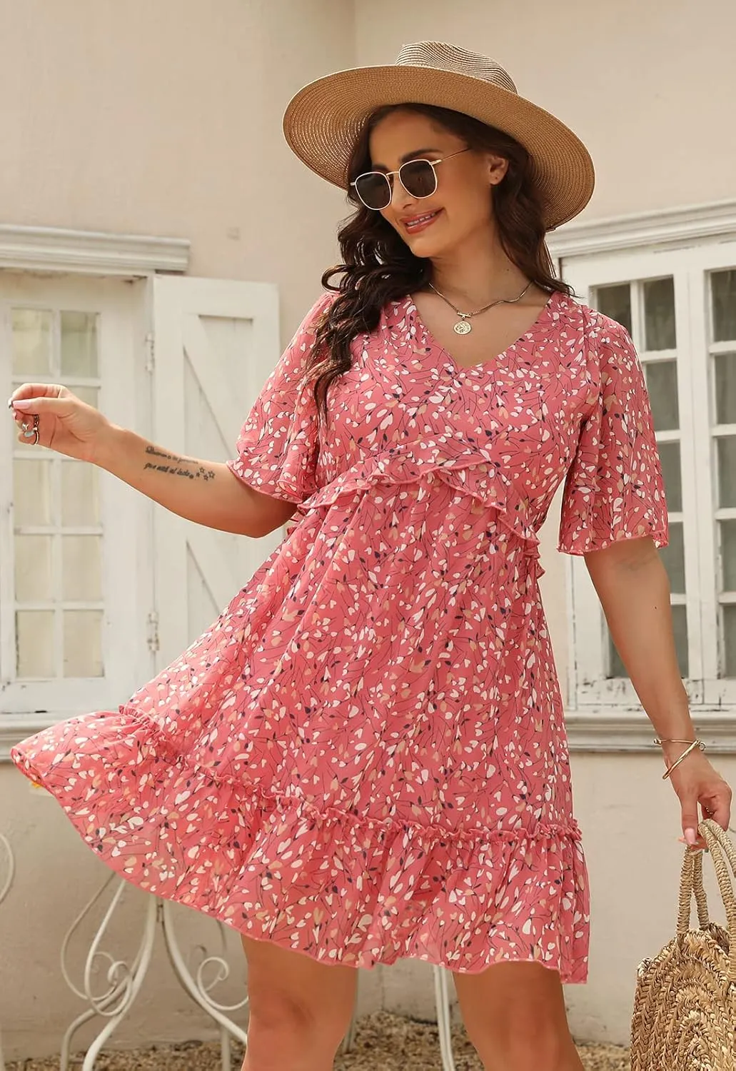 Nemidor Womens Loose Plus Size Summer Ditsy Floral Print Ruffle Mini Flowy Dress NEM314