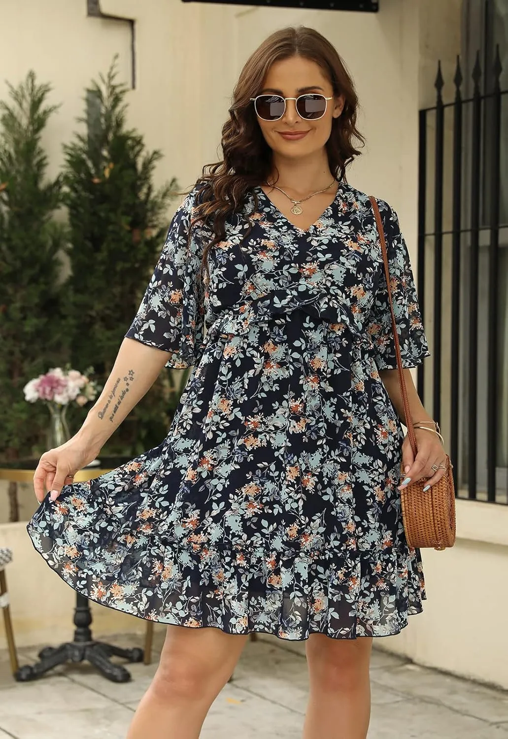 Nemidor Womens Loose Plus Size Summer Ditsy Floral Print Ruffle Mini Flowy Dress NEM314